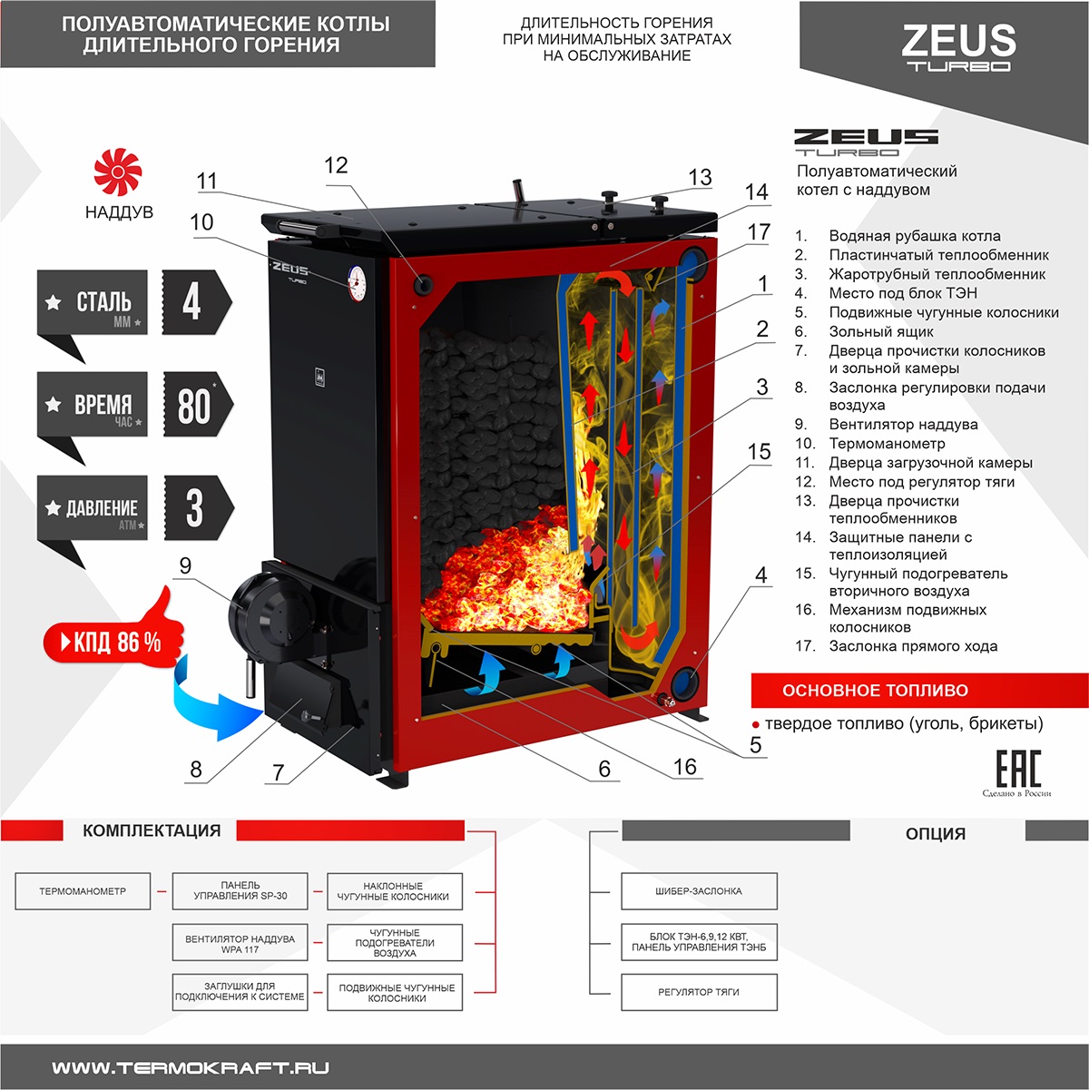 Котел длительного горения Термокрафт Zeus Turbo 42-54 купить в Новосибирске