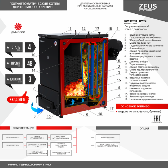 Котел твердотопливный ZEUS 80 с дымососом