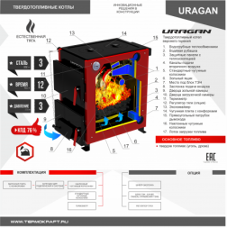 Котел твердотопливный URAGAN 16 с плитой